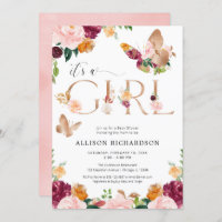 Butterfly It's a Girl rose gold pink floral baby Invitation