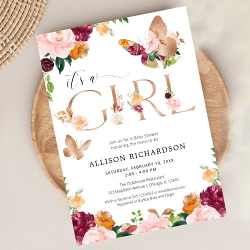 Butterfly Its a Girl rose gold pink floral baby Invitation