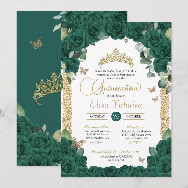 Butterfly Jade Green Rose and Gold Quinceanera Invitation (Front/Back)
