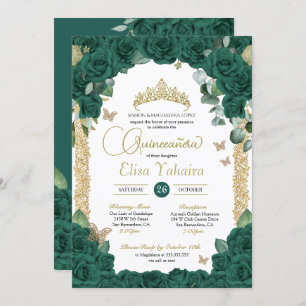 Butterfly Jade Green Rose and Gold Quinceanera Invitation