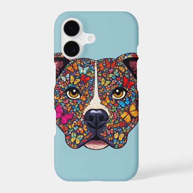 Butterfly Kaleidoscope Pitbull Portrait Blue Phone iPhone Case (Back)