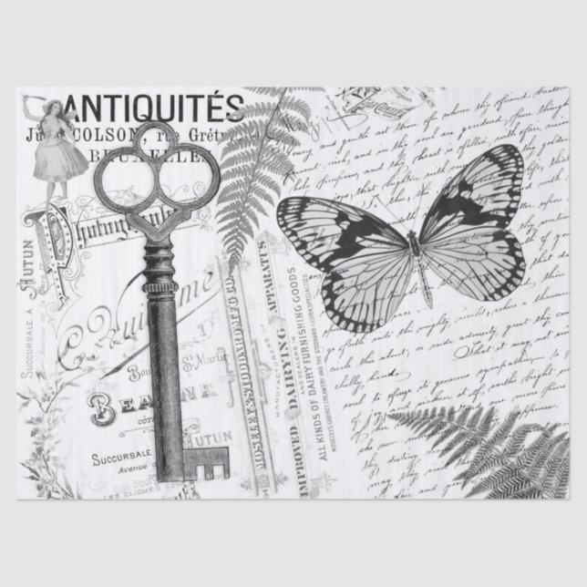 Butterfly Key Black White Decoupage Tissue Paper (Front)