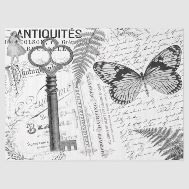 Butterfly Key Black White Decoupage Tissue Paper (Front)