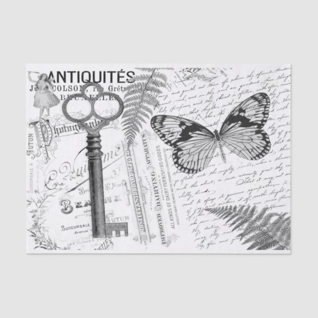 Butterfly Key Black White Decoupage Tissue Paper (Front)