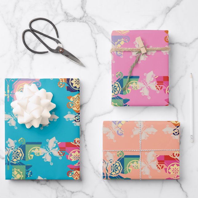 Butterfly Kimono Mix Pattern Wrapping Paper Sheets (Front)