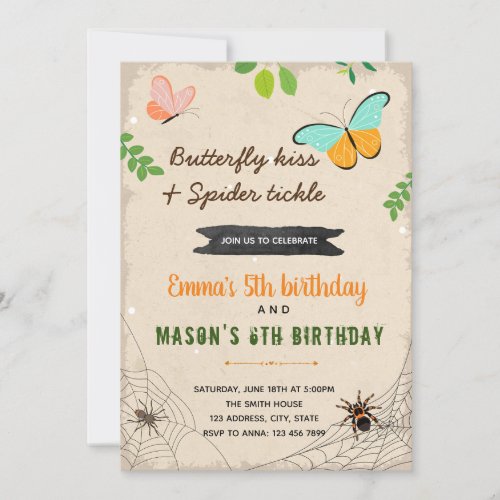 Butterfly kiss and spider tickle birthday invitation