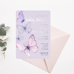 Butterfly Kiss & Baby Wishes   Baby Shower Purple Foil Invitation