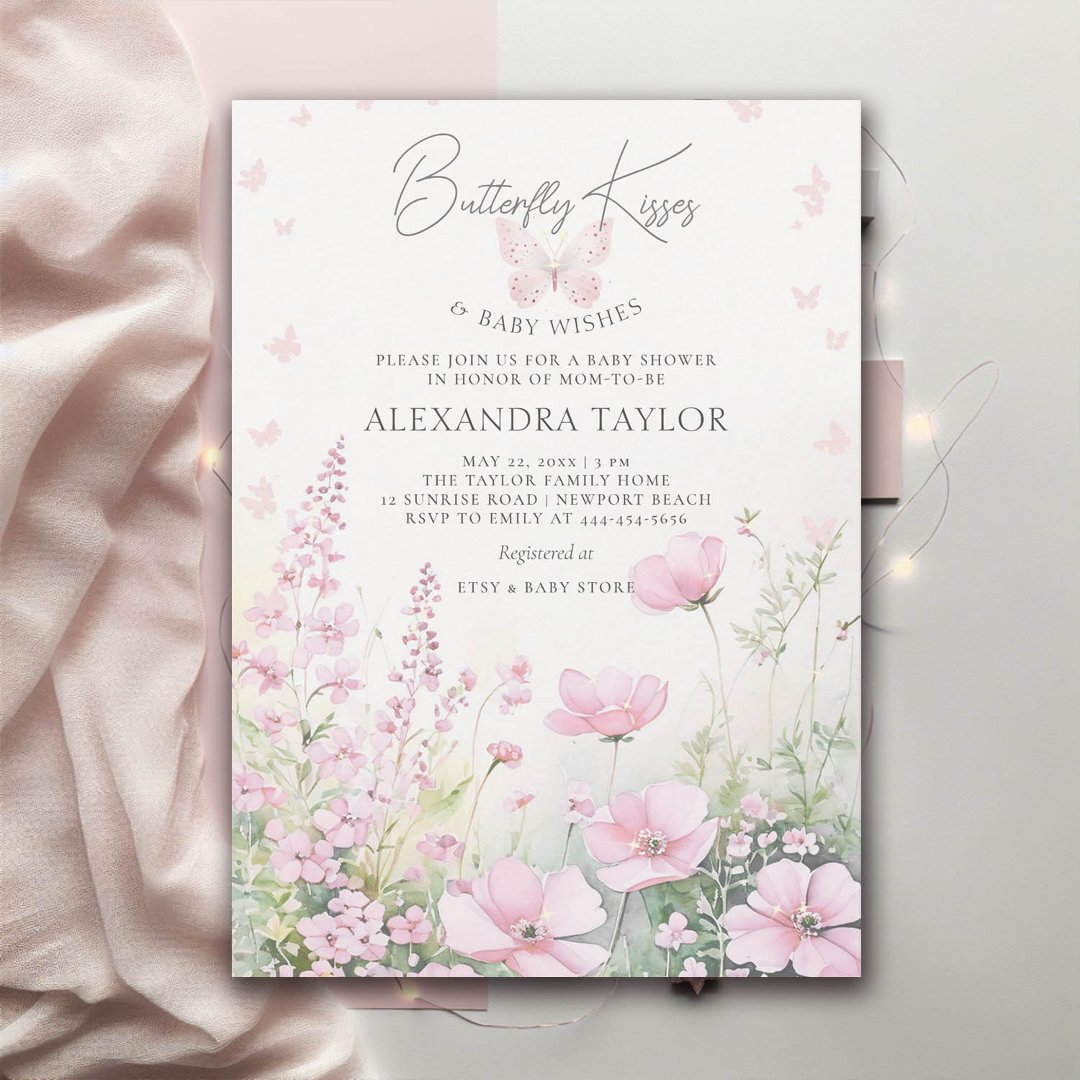 Butterfly Kiss Pink Wild Flowers Baby Girl Shower                    Invitation