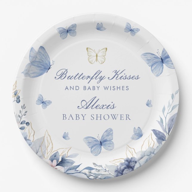 Butterfly Kisses and Baby Wishes Boy Baby Shower  Paper Plates (Front)