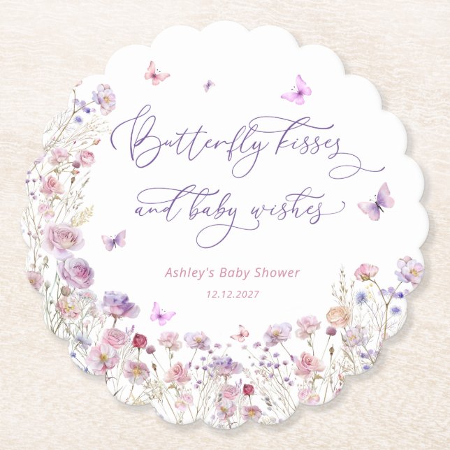 Butterfly Kisses and Baby Wishes Cute Baby Shower Paper Coaster (Front)