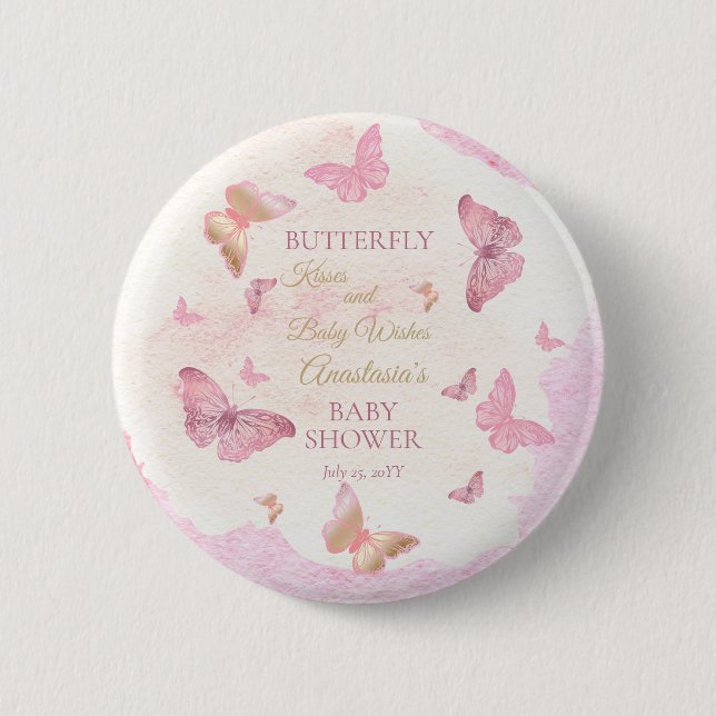 Butterfly Kisses and Baby Wishes Girl Baby Shower  Button (Front)