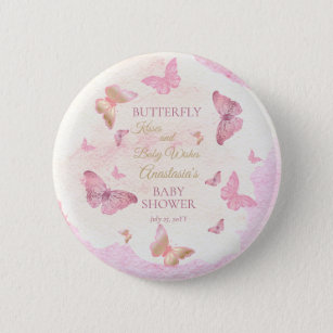 Butterfly Kisses and Baby Wishes Girl Baby Shower  Button