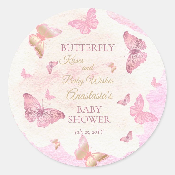 Butterfly Kisses and Baby Wishes Girl Baby Shower Classic Round Sticker ...