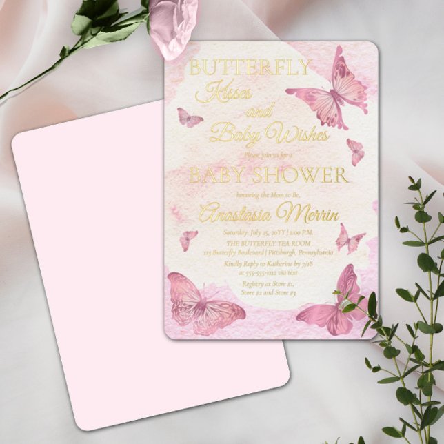 Butterfly Kisses and Baby Wishes Girl Baby Shower Foil Invitation (Creator Uploaded)