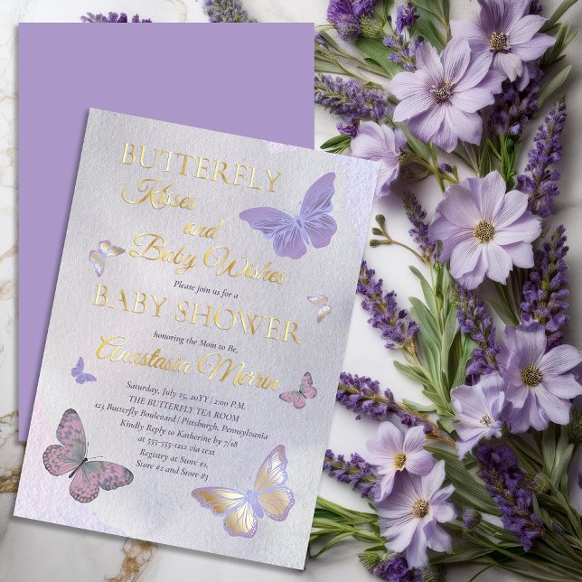 Butterfly Kisses and Baby Wishes Girl Baby Shower Foil Invitation (Butterfly Kisses and Baby Wishes Girl Baby Shower Lavender and Gold Foil Invitation)