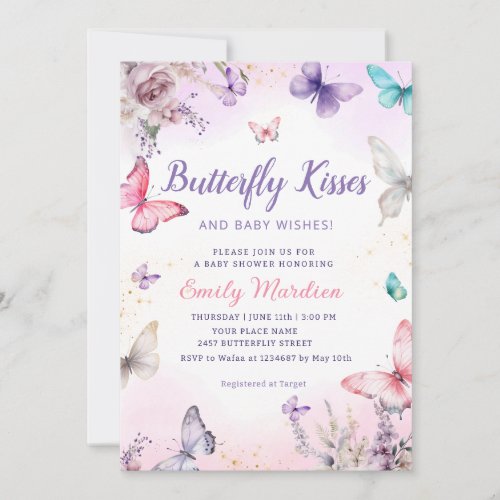 Butterfly Kisses and Baby Wishes Girl Baby Shower  Invitation