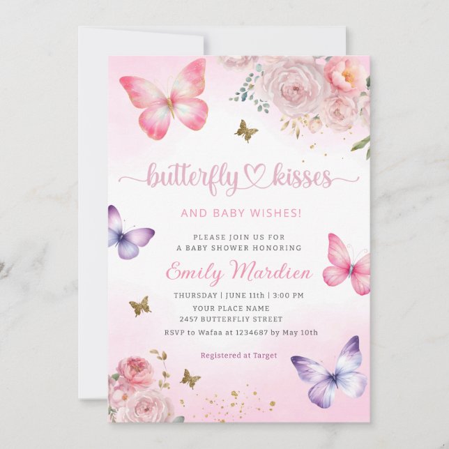 Butterfly Kisses and Baby Wishes Girl Baby Shower  Invitation (Front)