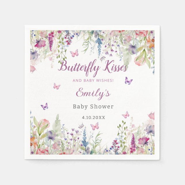 Butterfly Kisses and Baby Wishes Girl Baby Shower Napkins (Front)