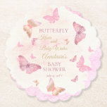 Butterfly Kisses and Baby Wishes Girl Baby Shower  Paper Coaster<br><div class="desc">Sweetly pink,  mauve,  blush and gold "Butterfly Kisses and Baby Wishes" girl Baby Shower design featuring butterflies in various color cordinated combinations on a watercolor background of light blush and pink.  Composite design by Holiday Hearts Designs.</div>