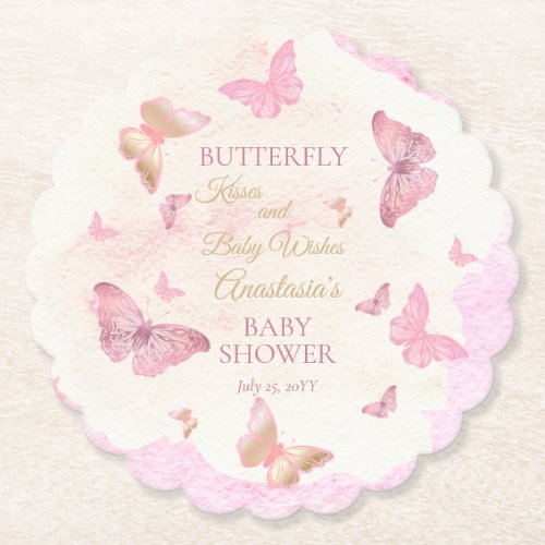 Butterfly Kisses and Baby Wishes Girl Baby Shower  Paper Coaster