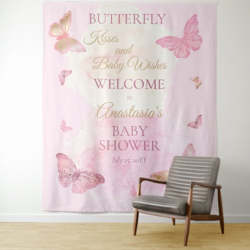 Butterfly Kisses and Baby Wishes Girl Baby Shower Tapestry