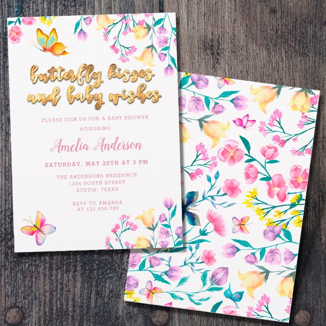 Butterfly Kisses and Baby Wishes Gold Baby Shower Invitation (Creator Uploaded)
