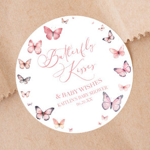 Butterfly Kisses and Baby Wishes Pink Baby Shower  Classic Round Sticker