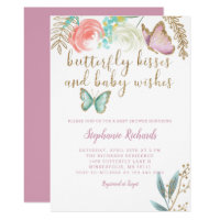 Butterfly Kisses and  Baby Wishes Pink Baby Shower Invitation