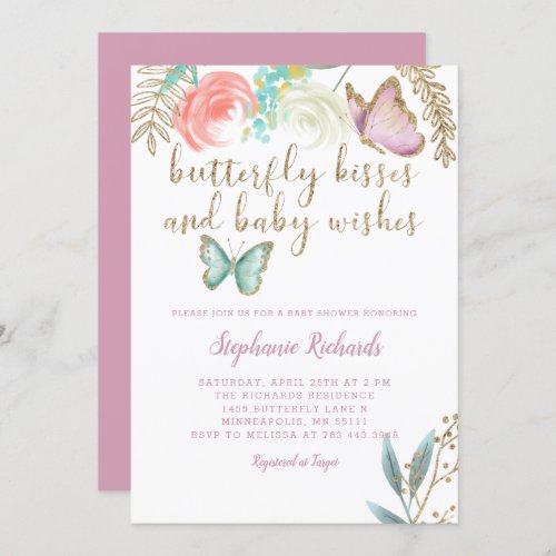 Butterfly Kisses and  Baby Wishes Pink Baby Shower Invitation