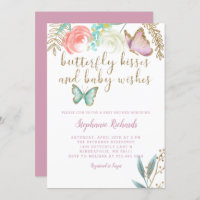 Butterfly Kisses and  Baby Wishes Pink Baby Shower Invitation