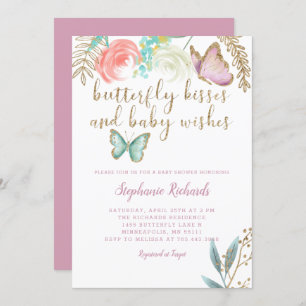 Butterfly Kisses and Baby Wishes Pink Baby Shower Invitation