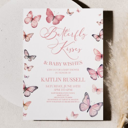 Butterfly Kisses and Baby Wishes Pink Baby Shower  Invitation