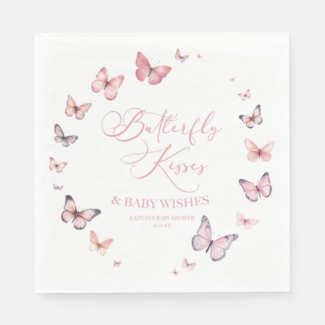Butterfly Kisses and Baby Wishes Pink Baby Shower  Napkins (Front)