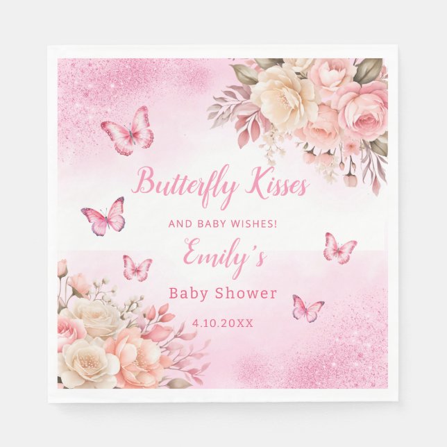 Butterfly Kisses and Baby Wishes pink Baby Shower Napkins (Front)