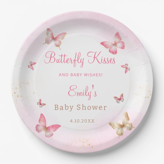 Butterfly Kisses and Baby Wishes Pink Baby Shower  Paper Plates (Front)