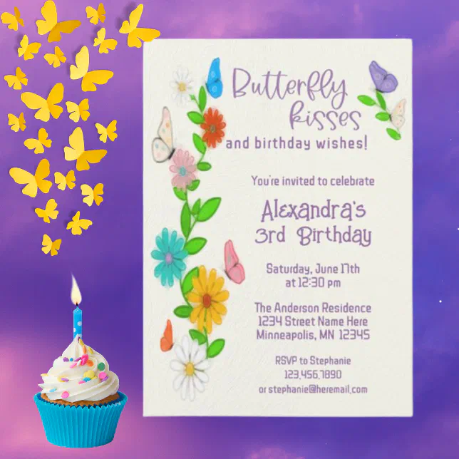 Butterfly Kisses and birthday wishes Birthday Invitation Zazzle