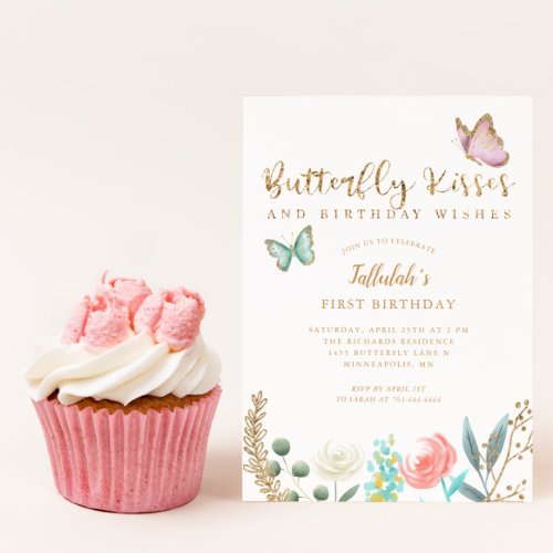 Butterfly Kisses and Birthday Wishes Gold Floral Invitation