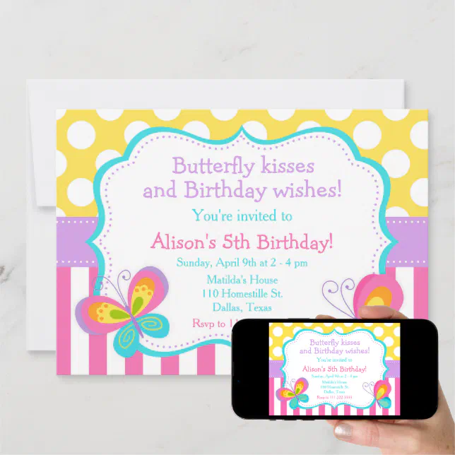 Butterfly Kisses and Birthday Wishes Party Invitation Zazzle