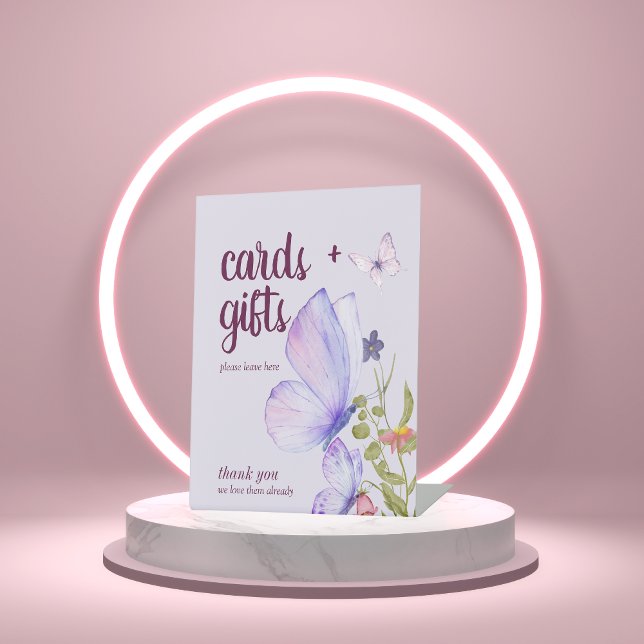 Butterfly Kisses Baby Shower  | Cards Gifts Purple Pedestal Sign (Creator Uploaded)