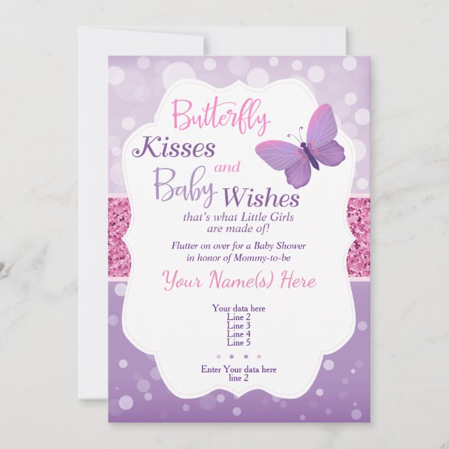 Butterfly Kisses  Baby Shower Invitation Purple (Front)
