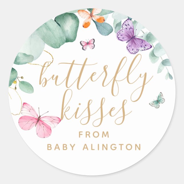 Butterfly Kisses Baby Shower Thank You Favor Classic Round Sticker (Front)