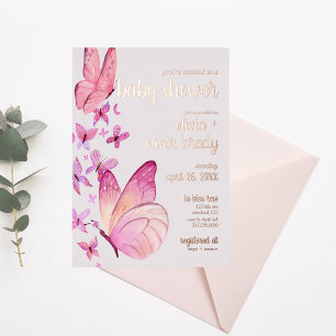 Butterfly Kisses & Baby Wishes   Baby Shower Pink Foil Invitation