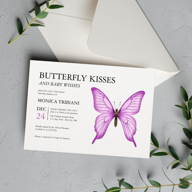 Butterfly Kisses Baby Wishes Minimal Girl Shower Invitation (Creator Uploaded)