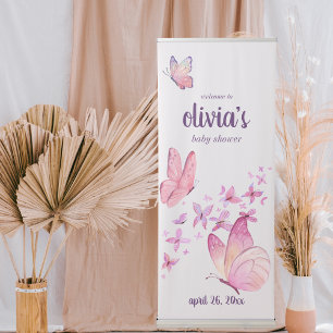 Butterfly Kisses & Baby Wishes Pink ONE NAME Retractable Banner
