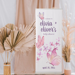 Butterfly Kisses & Baby Wishes Pink TWO NAMES Retractable Banner