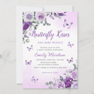 Butterfly Kisses & Baby Wishes Purple baby Shower Invitation