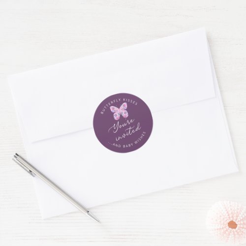 Butterfly Kisses  Baby Wishes Purple Envelope Classic Round Sticker