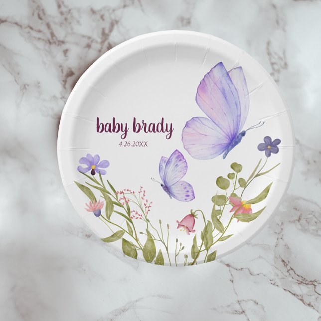 Butterfly Kisses & Baby Wishes | Purple Party Paper Plates (Creator Uploaded)