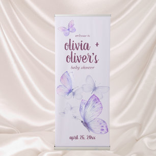Butterfly Kisses & Baby Wishes   Purple TWO NAMES Retractable Banner
