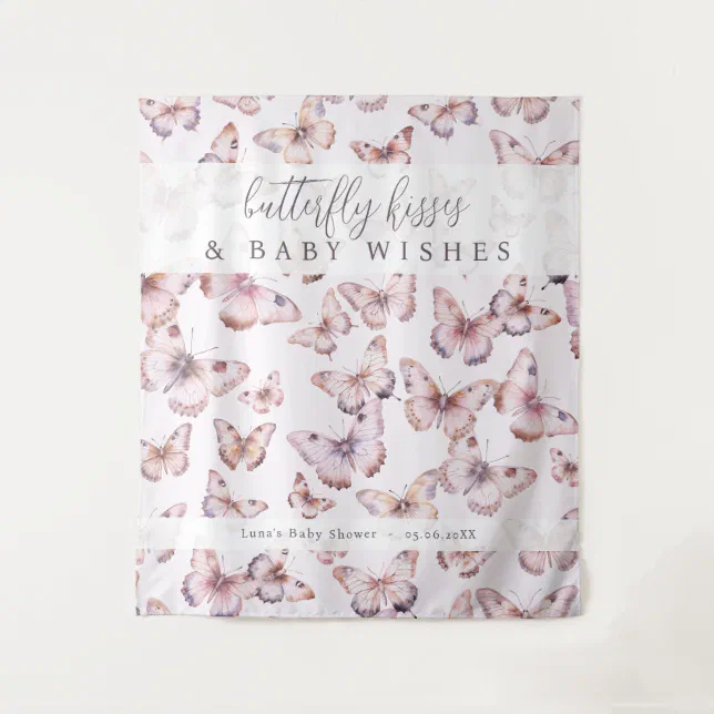 Butterfly Baby Shower Backdrop 7x5 Ft - Purple Butterfly Kisses Design, Vinyl Cloth, For Girl Baby Shower Party Photo Booth Decor